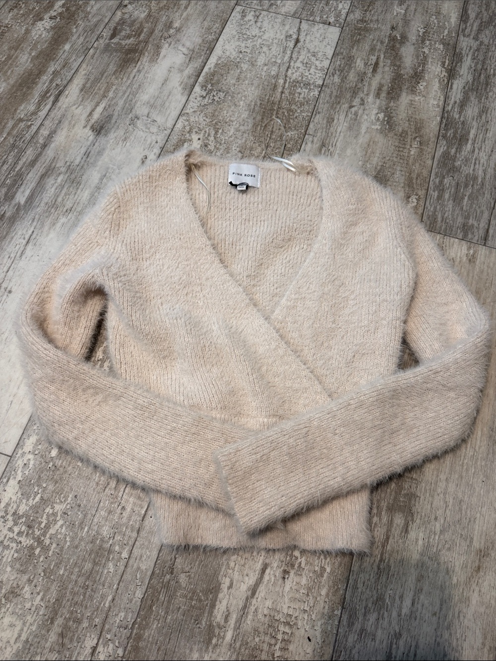 Pink Rose Light Beige V-Neck Faux-Fur Wrap Sweater